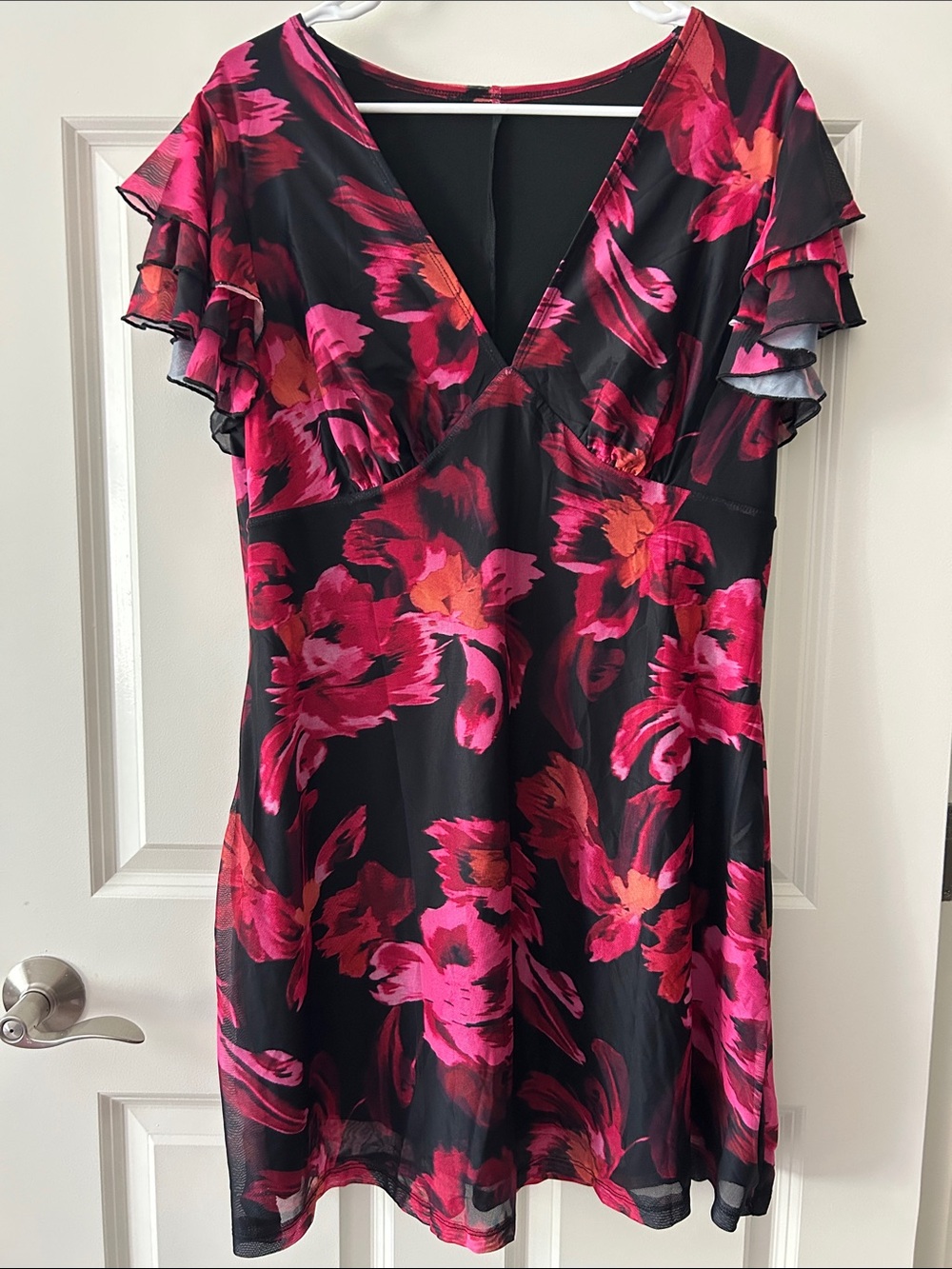 Floral Flutter Sleeve Dress XL Pink Black V Neck